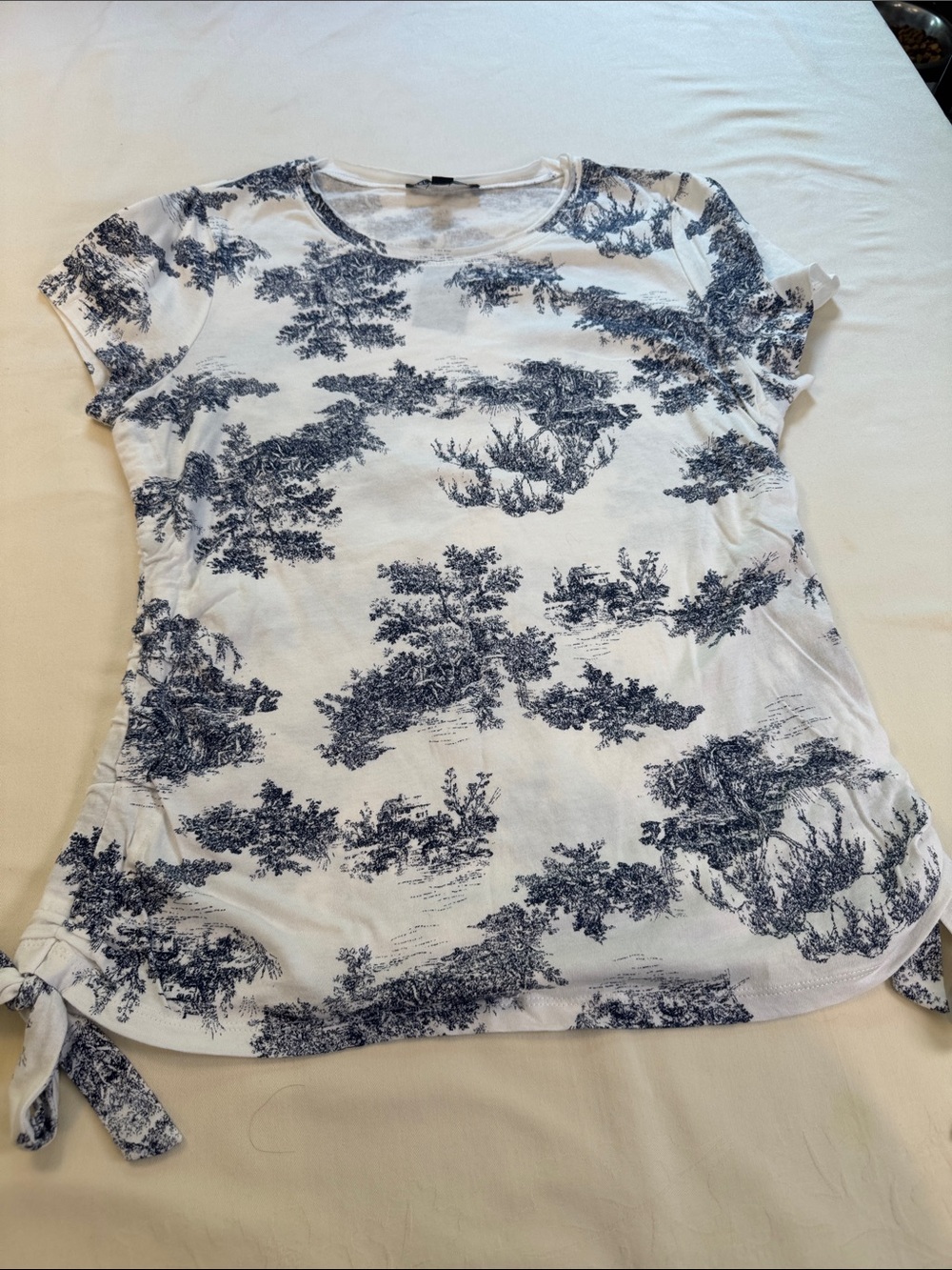 INC International Concepts White Tee with Navy Scenic Toile Print and Side Tie